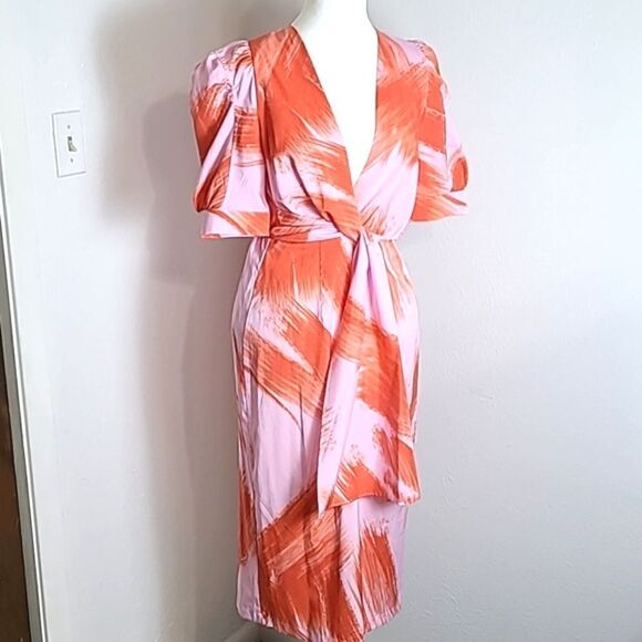 Entro Pink & Orange Midi-Dress, Short Puff Sleeves, Tie Waist, Size Small - Picture 2 of 9